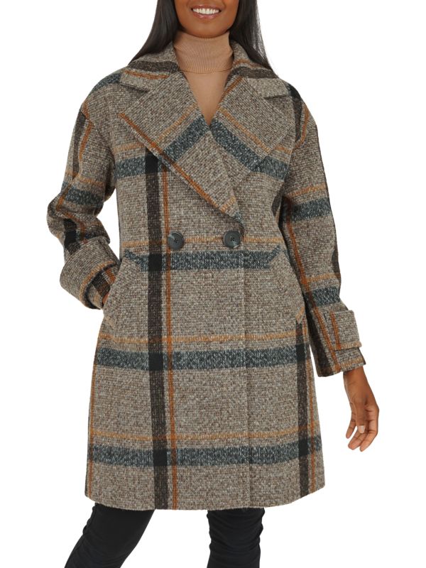 Kensie Plaid Double Breasted Longline Coat